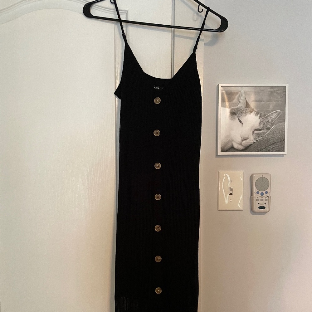 Express button black ribbed dress